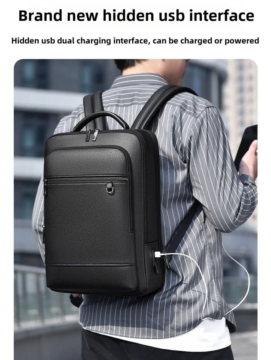 Elegáns bőr hátizsák USB-porttal 15,6 hüvelykes laptophoz, uniszex