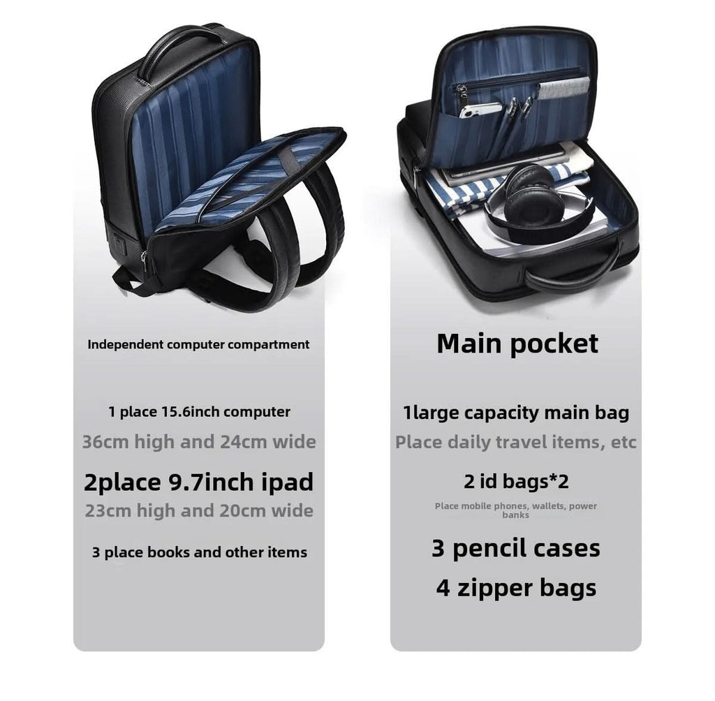 Elegáns bőr hátizsák USB-porttal 15,6 hüvelykes laptophoz, uniszex
