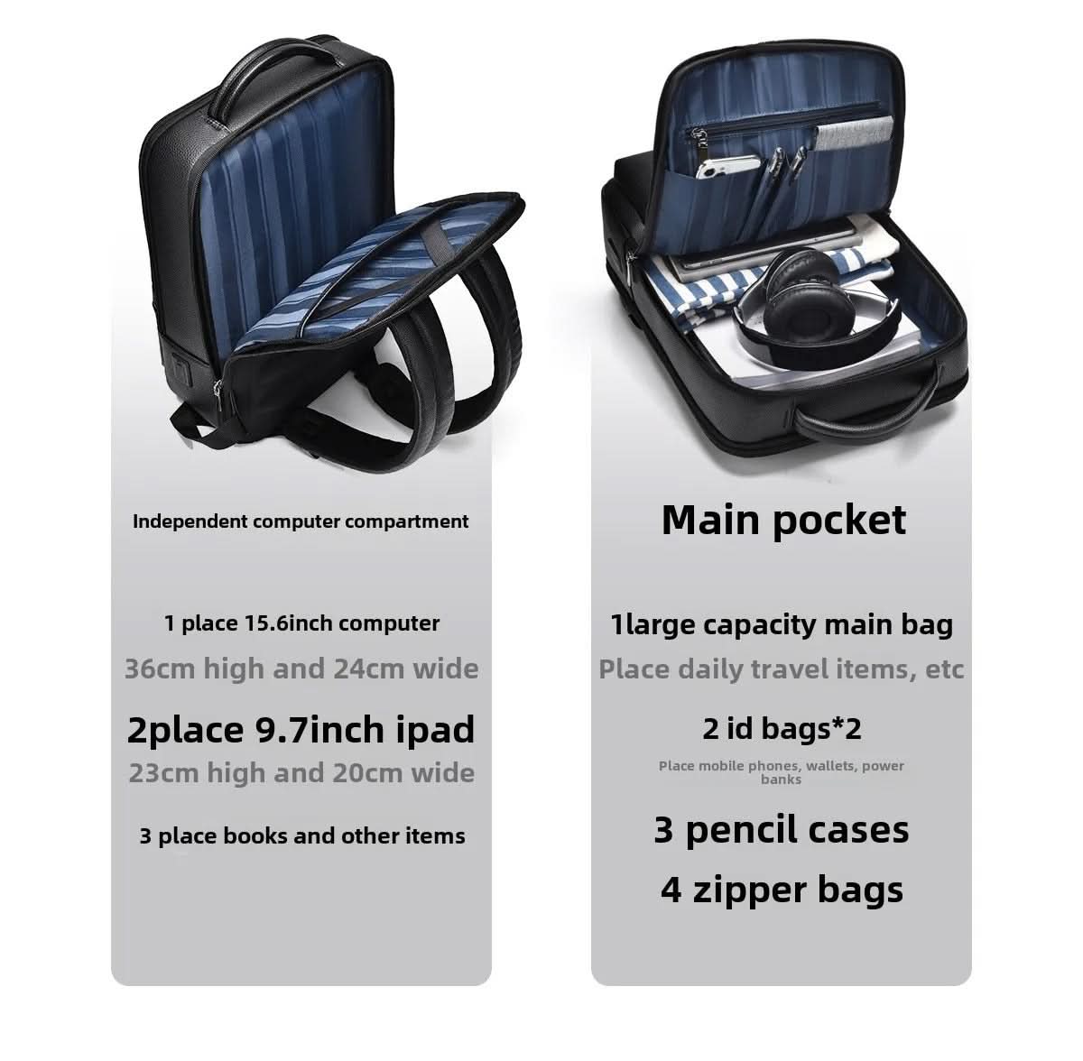 Elegáns bőr hátizsák USB-porttal 15,6 hüvelykes laptophoz, uniszex