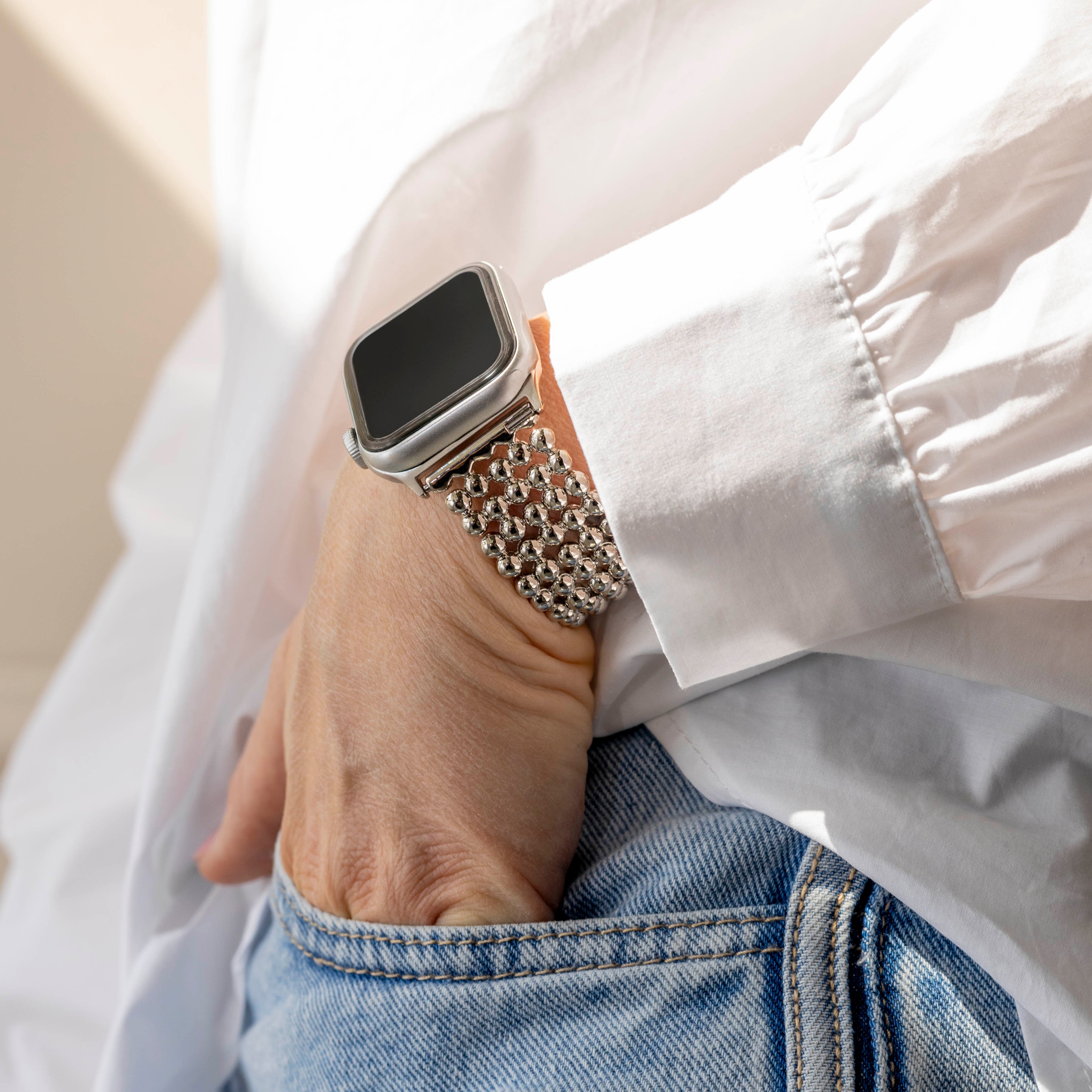 Apple Watch gyöngyözött acél karkötő ezüst kivitelben