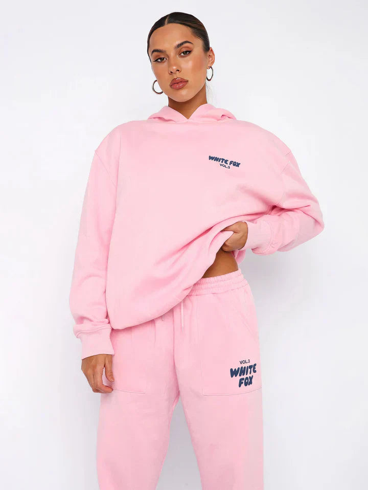 レディース ピンク コットン混紡 フーディーとジョガーのルームウェアセット