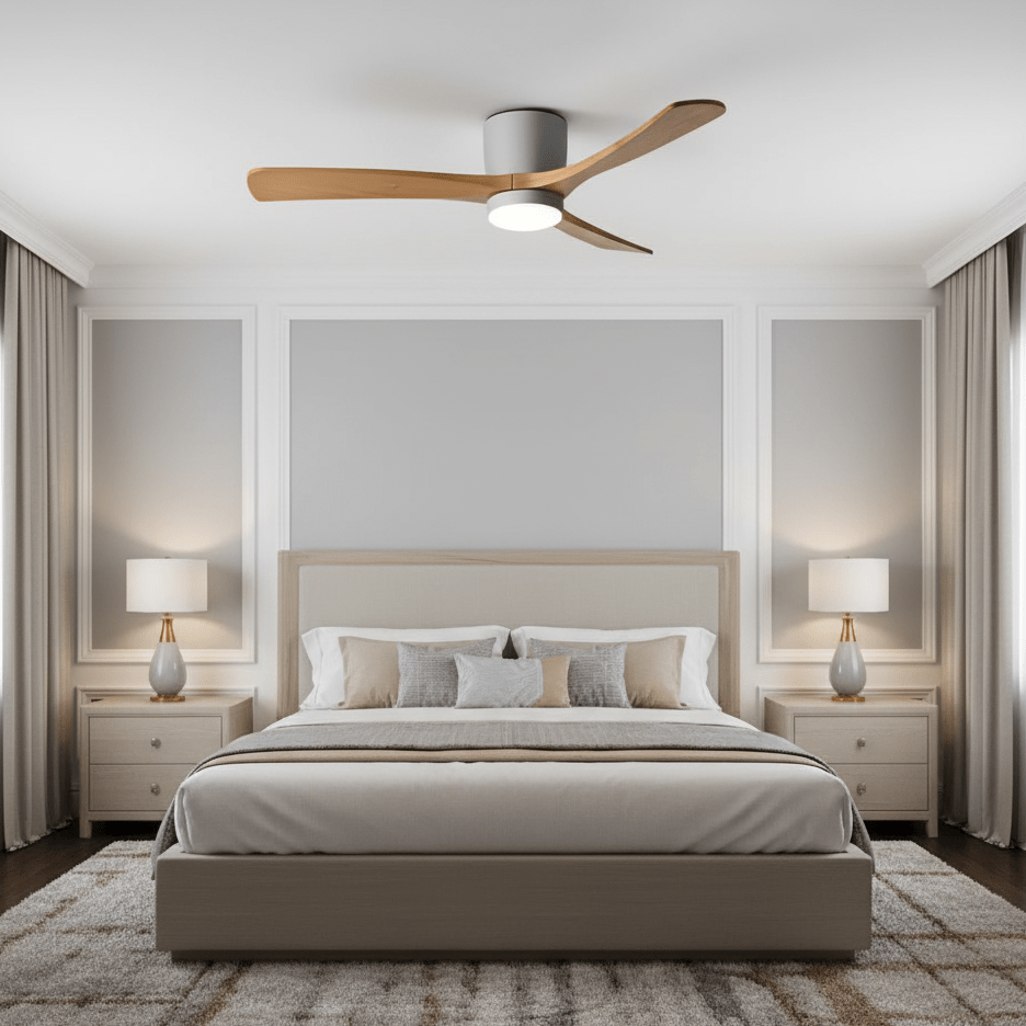 AuroraAir LED mennyezeti ventilátor fa hatással és csendes, hatékony légáramlással hálószobába