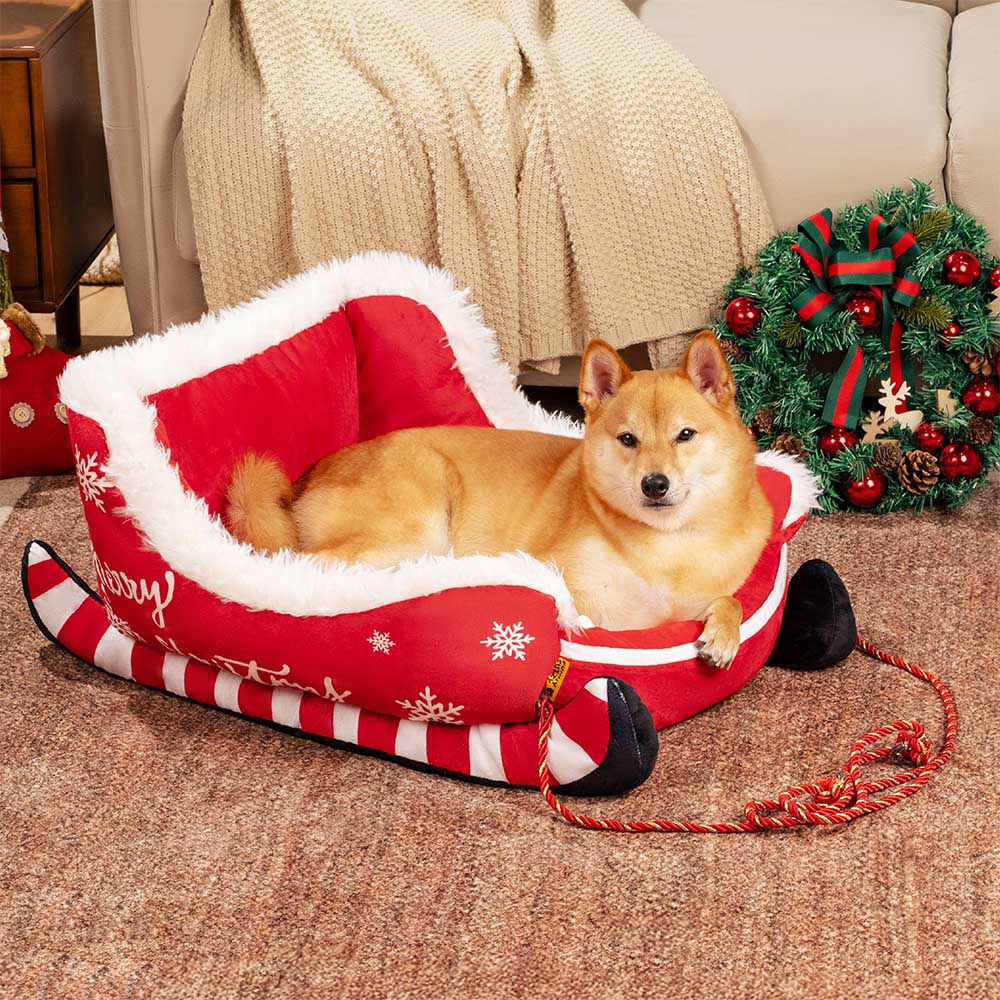 ホーリーポーズ フェスティブクリスマスそり型ドッグベッド プラッシュクリスタルベルベット 滑り止め底付き