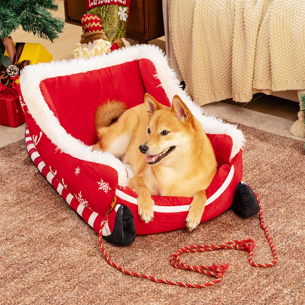 ホーリーポーズ フェスティブクリスマスそり型ドッグベッド プラッシュクリスタルベルベット 滑り止め底付き