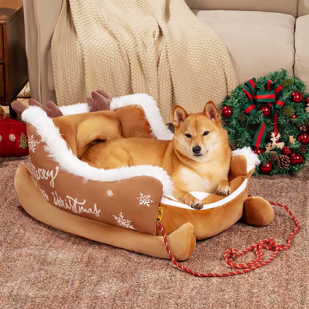 ホーリーポーズ フェスティブクリスマスそり型ドッグベッド プラッシュクリスタルベルベット 滑り止め底付き