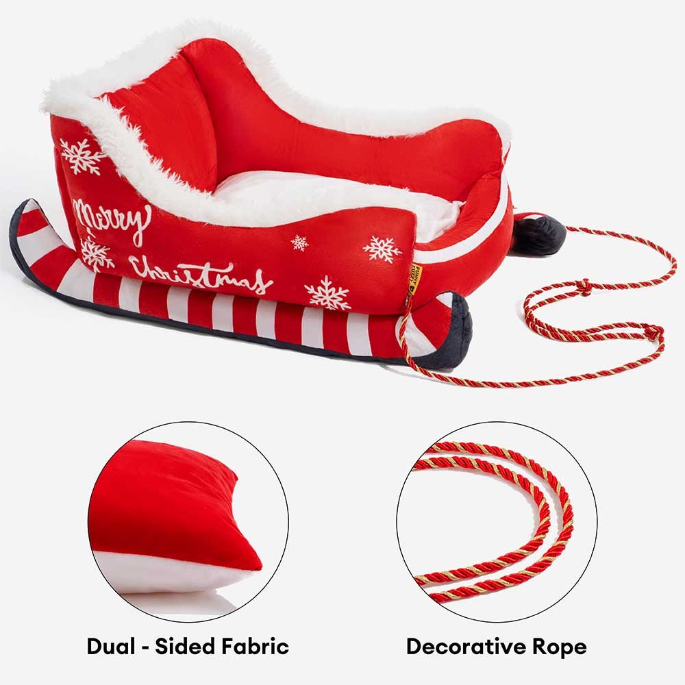 ホーリーポーズ フェスティブクリスマスそり型ドッグベッド プラッシュクリスタルベルベット 滑り止め底付き