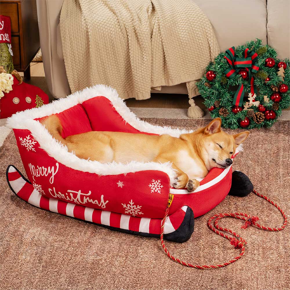 ホーリーポーズ フェスティブクリスマスそり型ドッグベッド プラッシュクリスタルベルベット 滑り止め底付き