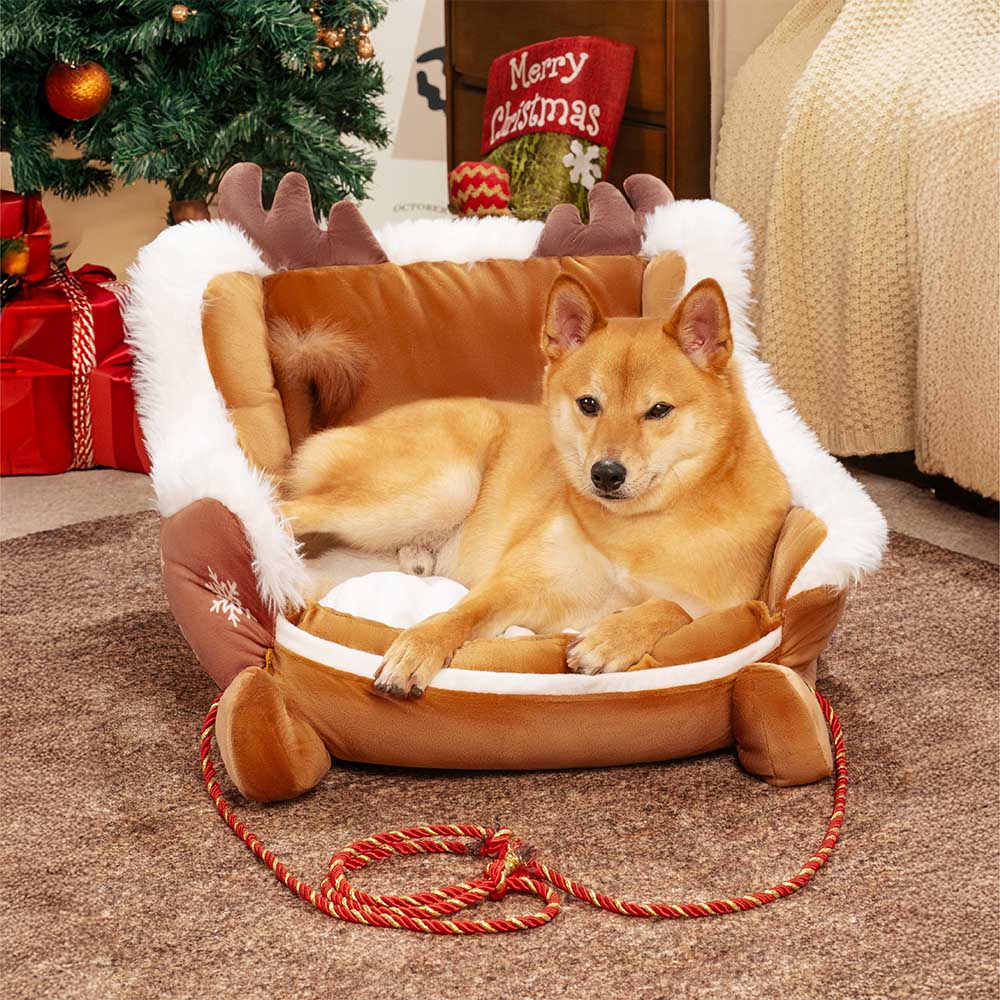 ホーリーポーズ フェスティブクリスマスそり型ドッグベッド プラッシュクリスタルベルベット 滑り止め底付き