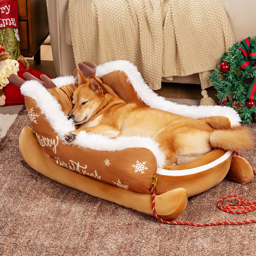 ホーリーポーズ フェスティブクリスマスそり型ドッグベッド プラッシュクリスタルベルベット 滑り止め底付き