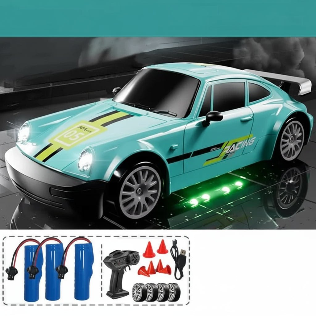 DriftPulse 1:24 Nagy Sebességű 4WD Drift Autó LED Világítással Éjszakai Versenyzőknek Dupla Gumikon