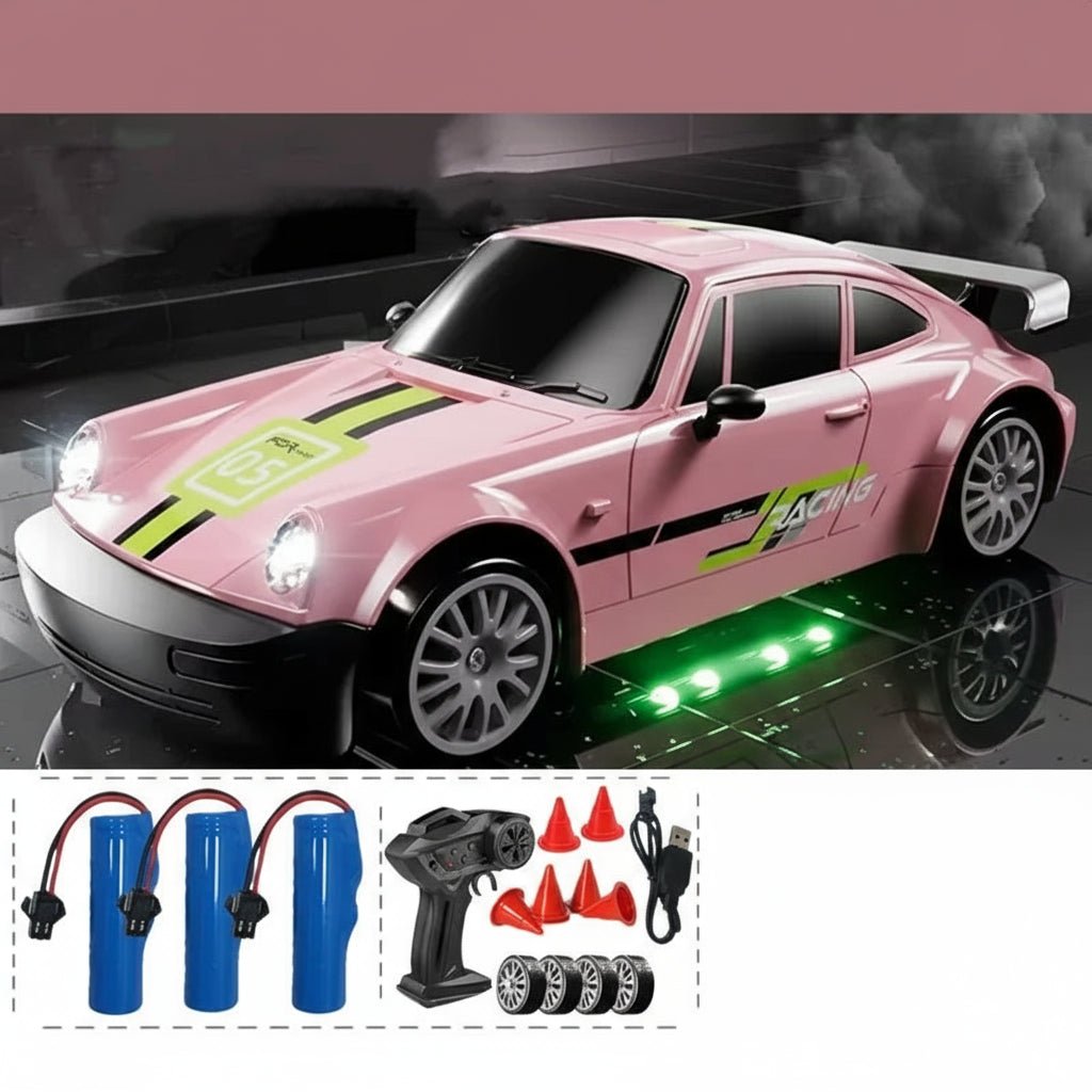 DriftPulse 1:24 Nagy Sebességű 4WD Drift Autó LED Világítással Éjszakai Versenyzőknek Dupla Gumikon