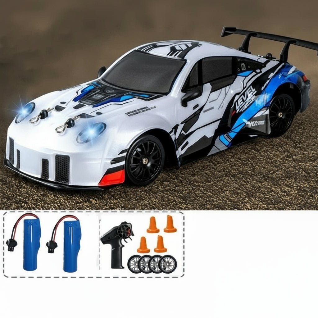 DriftPulse 1:24 Nagy Sebességű 4WD Drift Autó LED Világítással Éjszakai Versenyzőknek Dupla Gumikon