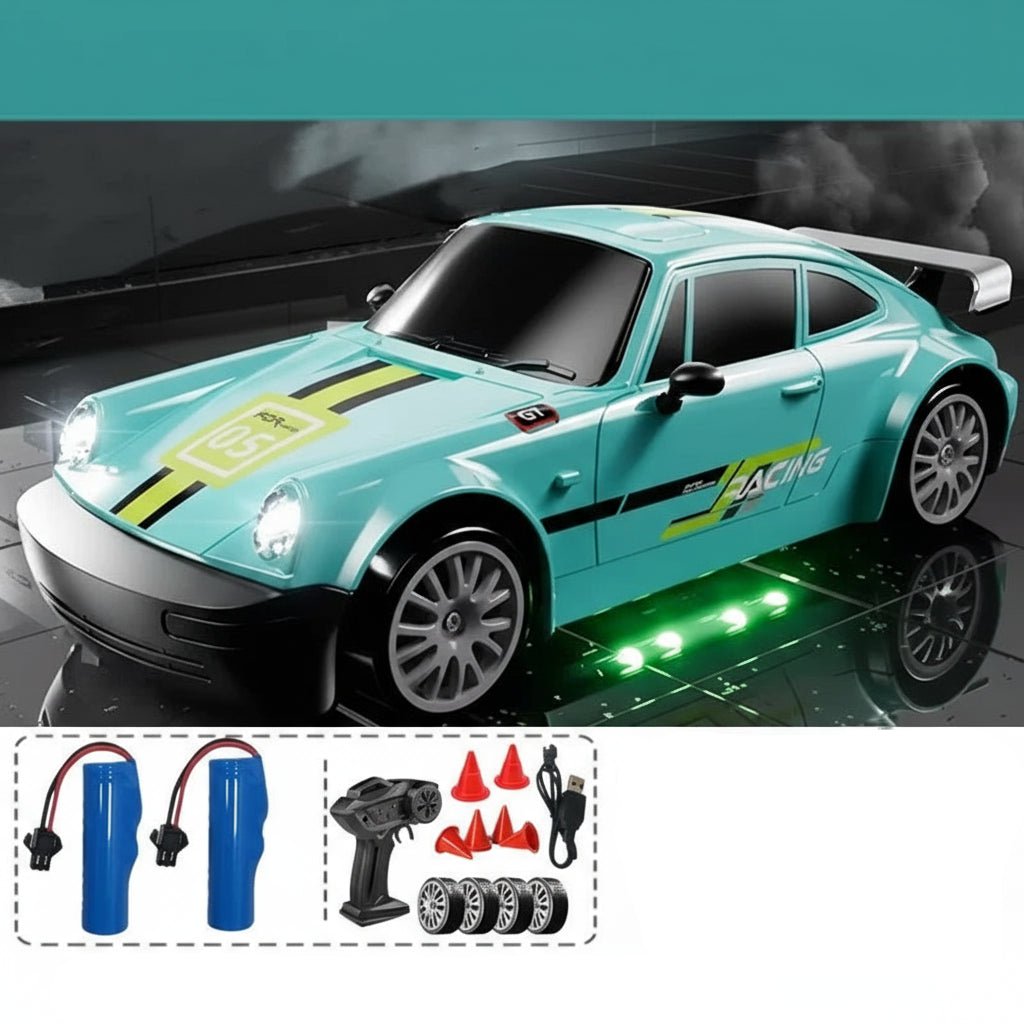 DriftPulse 1:24 Nagy Sebességű 4WD Drift Autó LED Világítással Éjszakai Versenyzőknek Dupla Gumikon