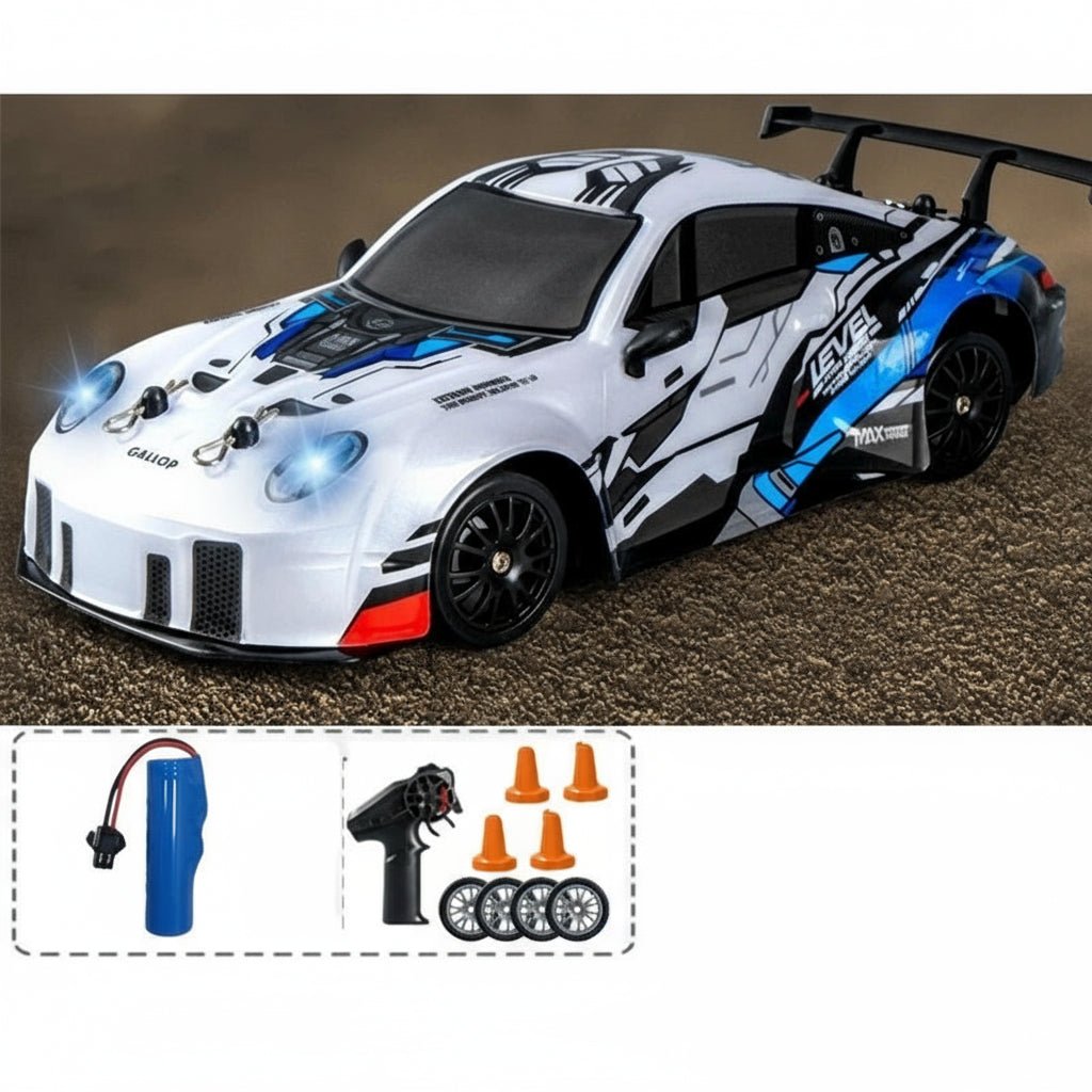 DriftPulse 1:24 Nagy Sebességű 4WD Drift Autó LED Világítással Éjszakai Versenyzőknek Dupla Gumikon