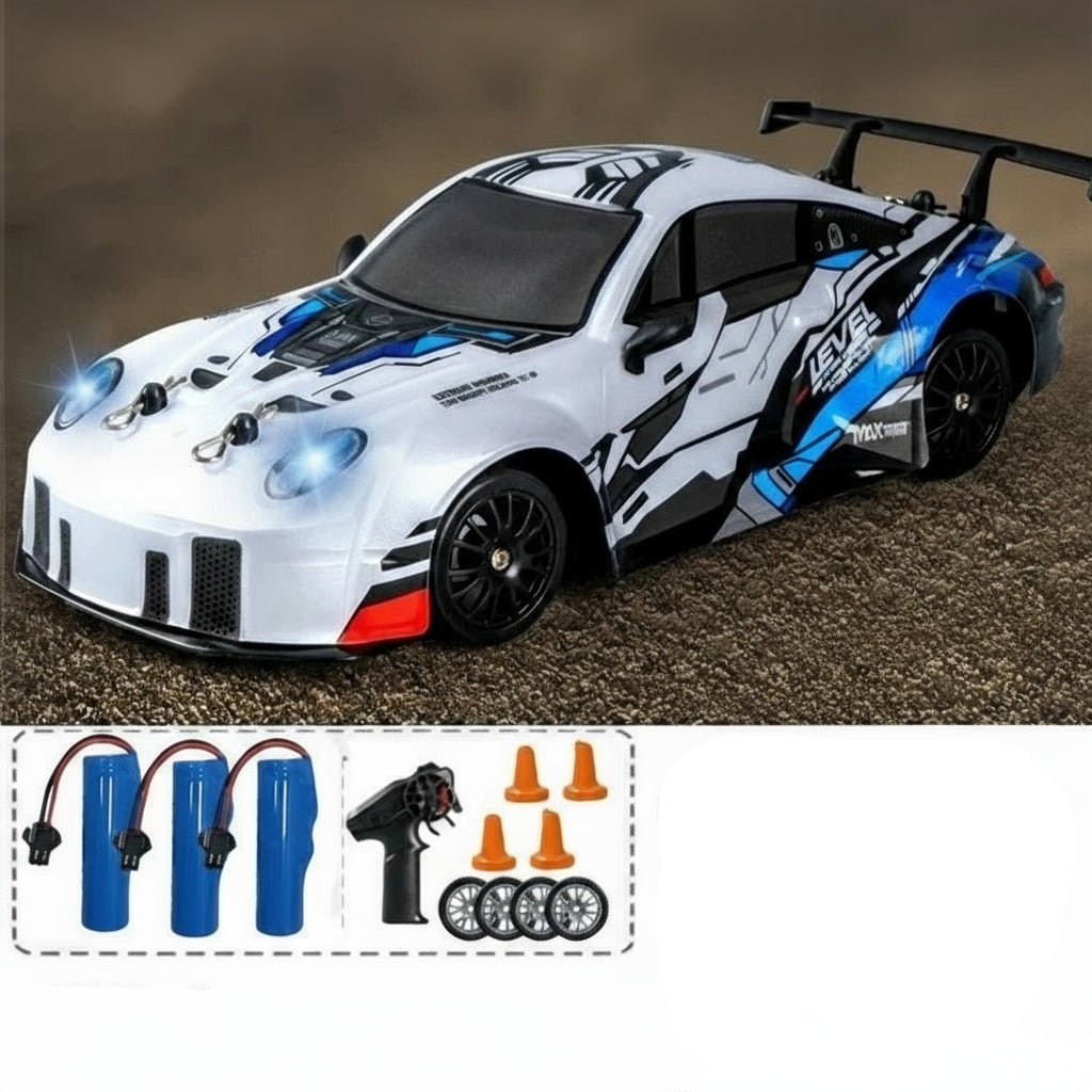 DriftPulse 1:24 Nagy Sebességű 4WD Drift Autó LED Világítással Éjszakai Versenyzőknek Dupla Gumikon