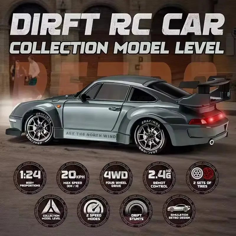 DriftPulse 1:24 Nagy Sebességű 4WD Drift Autó LED Világítással Éjszakai Versenyzőknek Dupla Gumikon