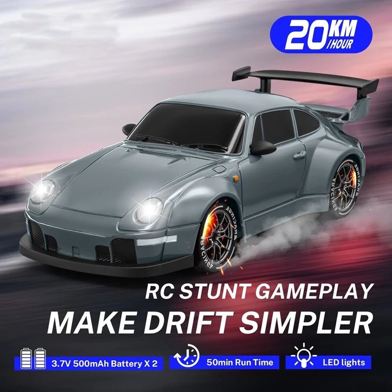 DriftPulse 1:24 Nagy Sebességű 4WD Drift Autó LED Világítással Éjszakai Versenyzőknek Dupla Gumikon