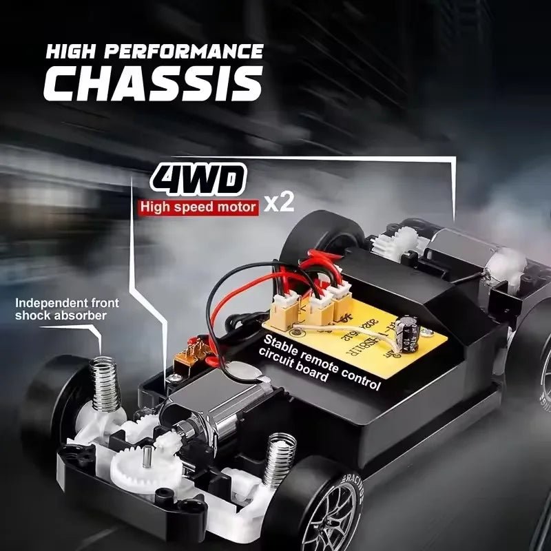 DriftPulse 1:24 Nagy Sebességű 4WD Drift Autó LED Világítással Éjszakai Versenyzőknek Dupla Gumikon