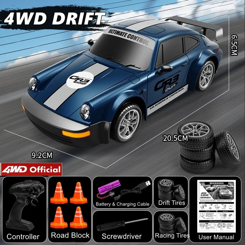 DriftPulse 1:24 Nagy Sebességű 4WD Drift Autó LED Világítással Éjszakai Versenyzőknek Dupla Gumikon