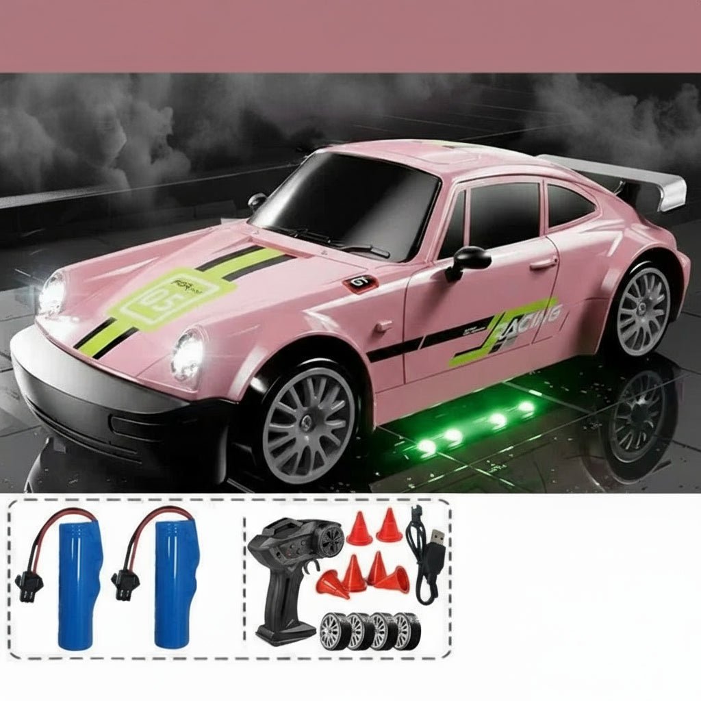 DriftPulse 1:24 Nagy Sebességű 4WD Drift Autó LED Világítással Éjszakai Versenyzőknek Dupla Gumikon
