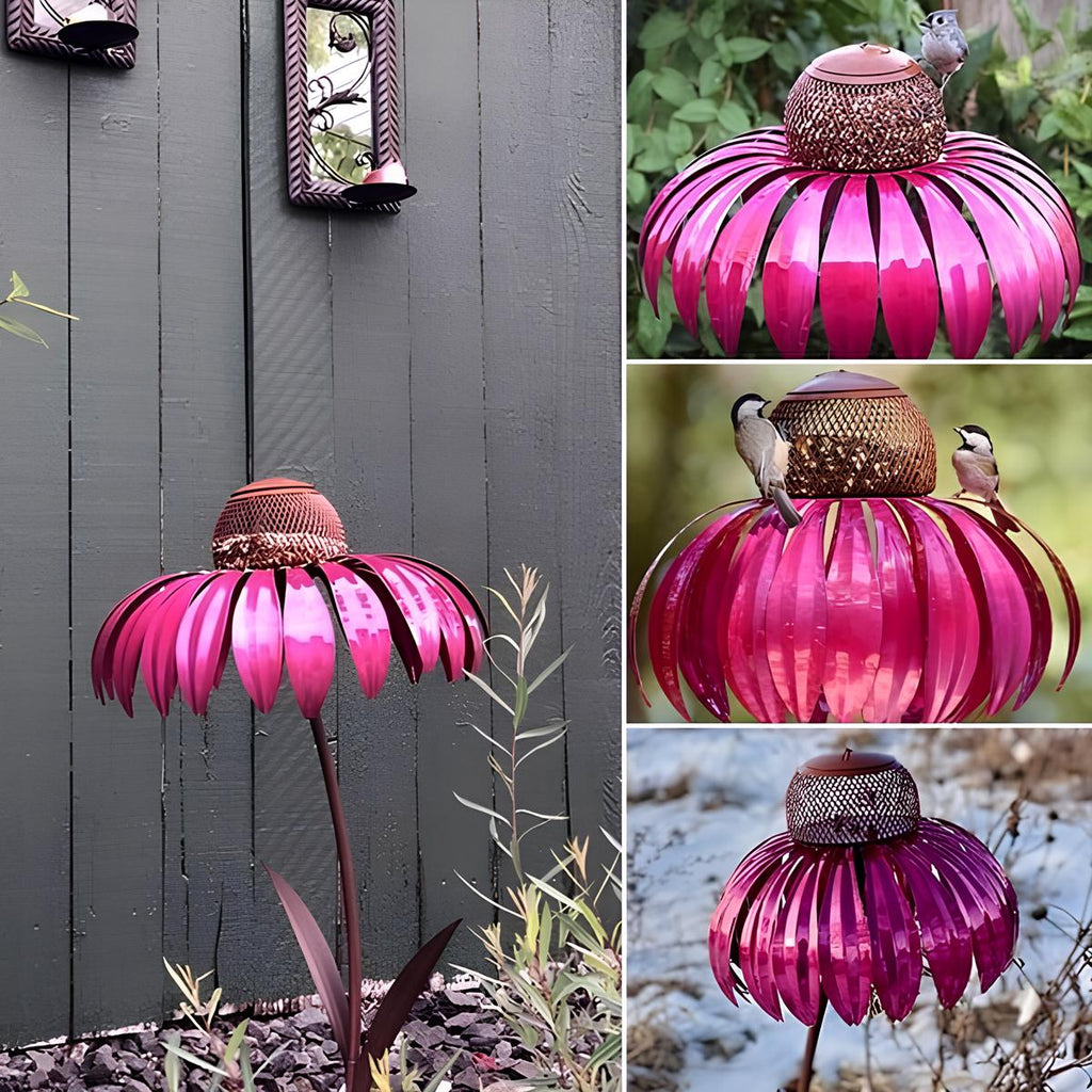ピンクの花びらがついたメタルデザインのひまわりガーデンバードフィーダー