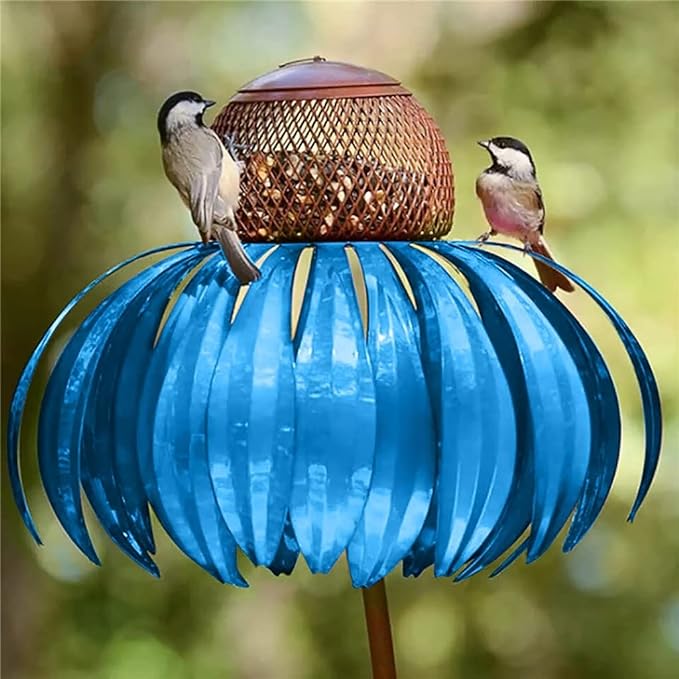 ピンクの花びらがついたメタルデザインのひまわりガーデンバードフィーダー