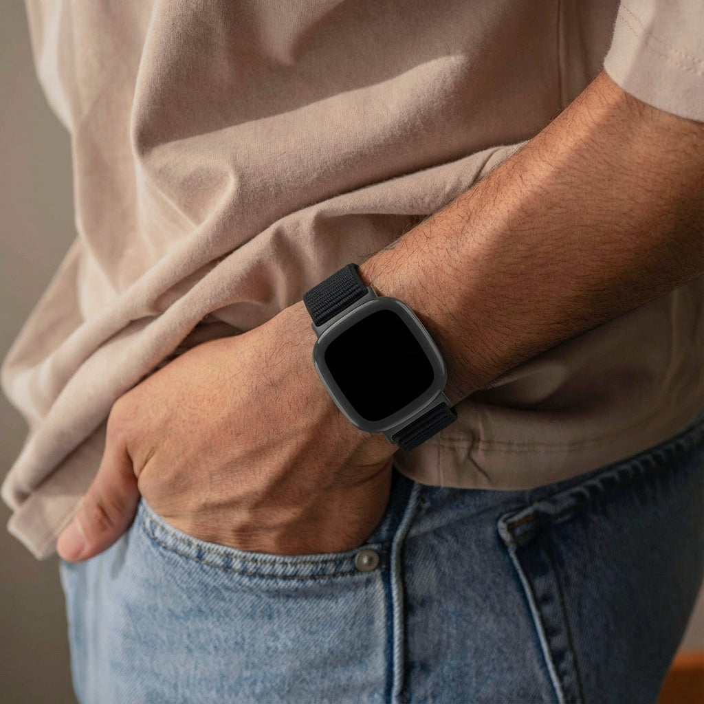 Fekete nejlon szíj Fitbit Versa 4 okosóra szíjhoz