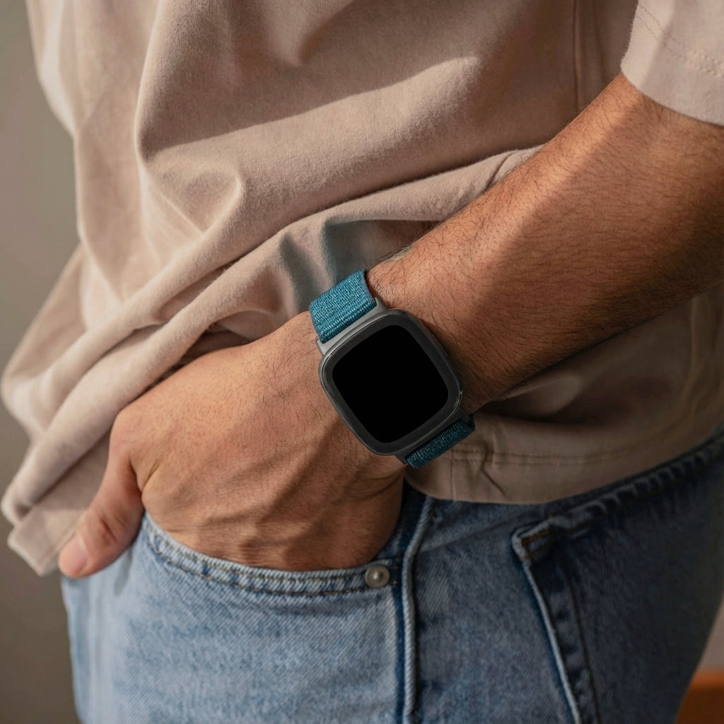Kék nejlon szíj Fitbit Versa 4 okosóra szíjhoz
