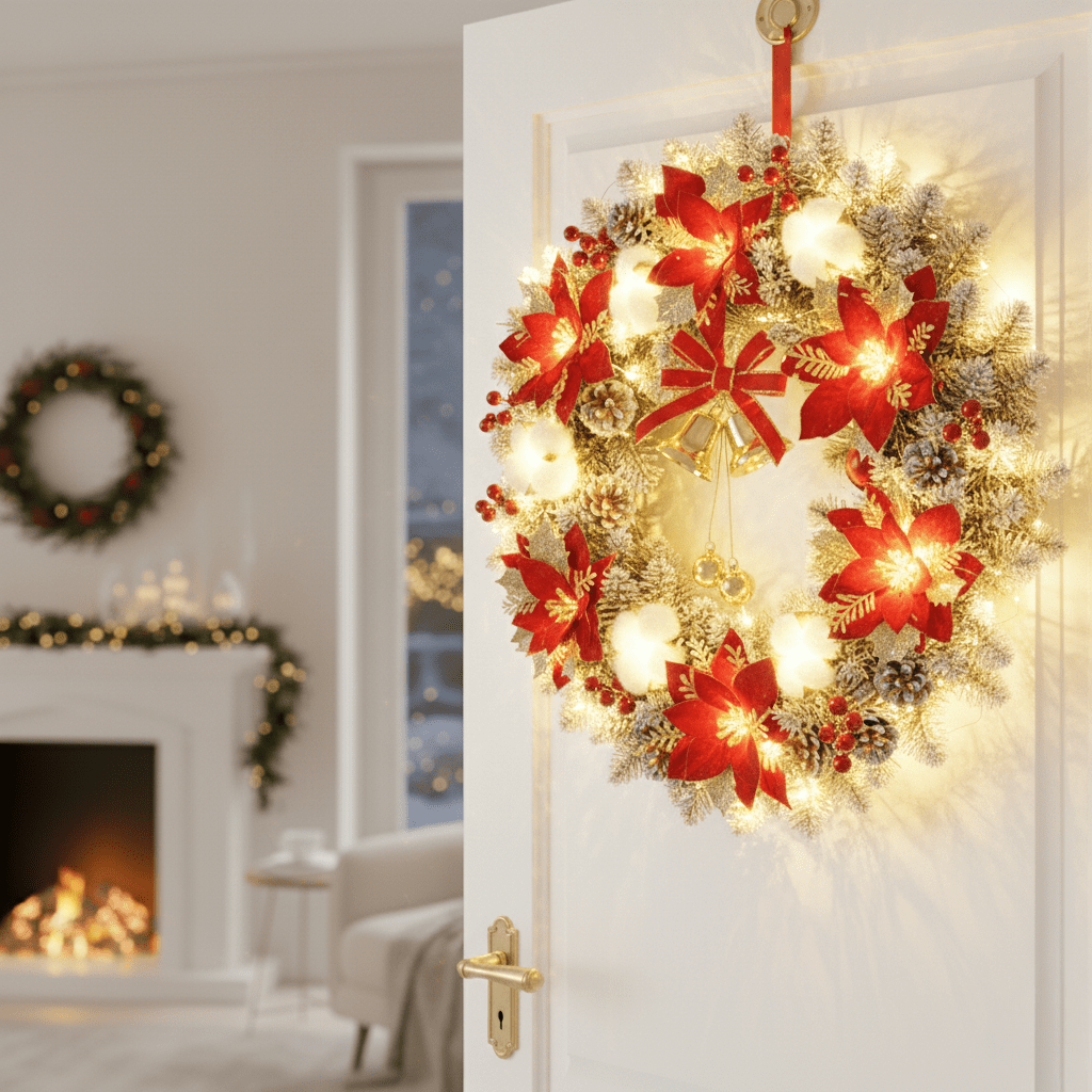 LumaGlow LED karácsonyi koszorú csengőkkel és arany fényű ragyogással ajtódísz rajongóknak