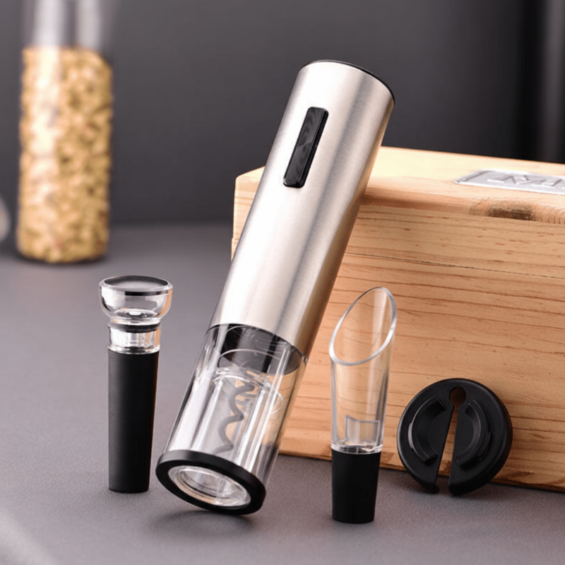 NovaPour 4-in-1 電動ワインオープナー（注ぎ口付きコルクスクリュー、ホイルカッター、真空ストッパー）