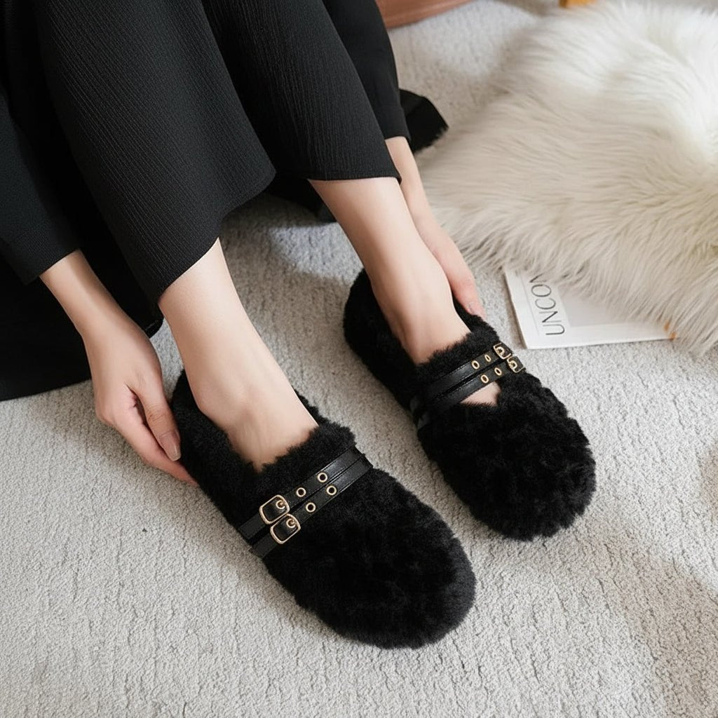 CozyNest női gyapjú szőrme bebújós mokaszin meleg és puha béléssel