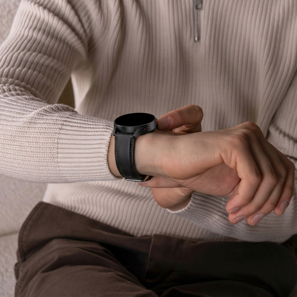 Fekete modern bőrszíj Samsung Galaxy Watch 3 45 mm-hez