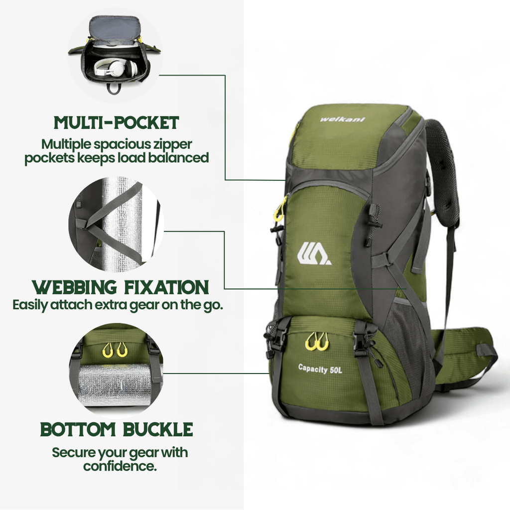 SummitForge 50L ハイキングバックパック 通気性バックパネルとシューズ収納付き
