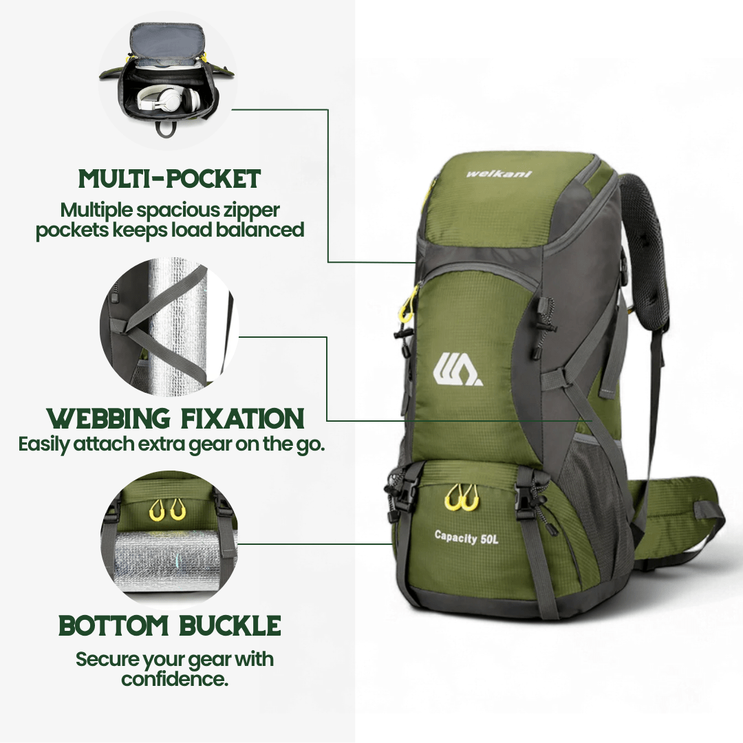 SummitForge 50L ハイキングバックパック 通気性バックパネルとシューズ収納付き