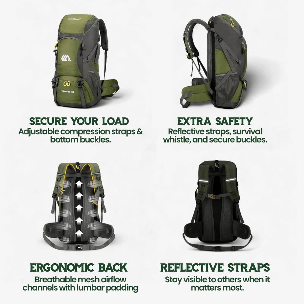 SummitForge 50L ハイキングバックパック 通気性バックパネルとシューズ収納付き