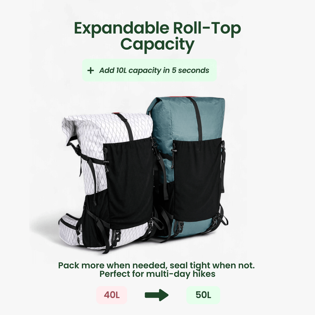 AeroTrail 50L ultrakönnyű, bővíthető kalandtáska rolltop záródással