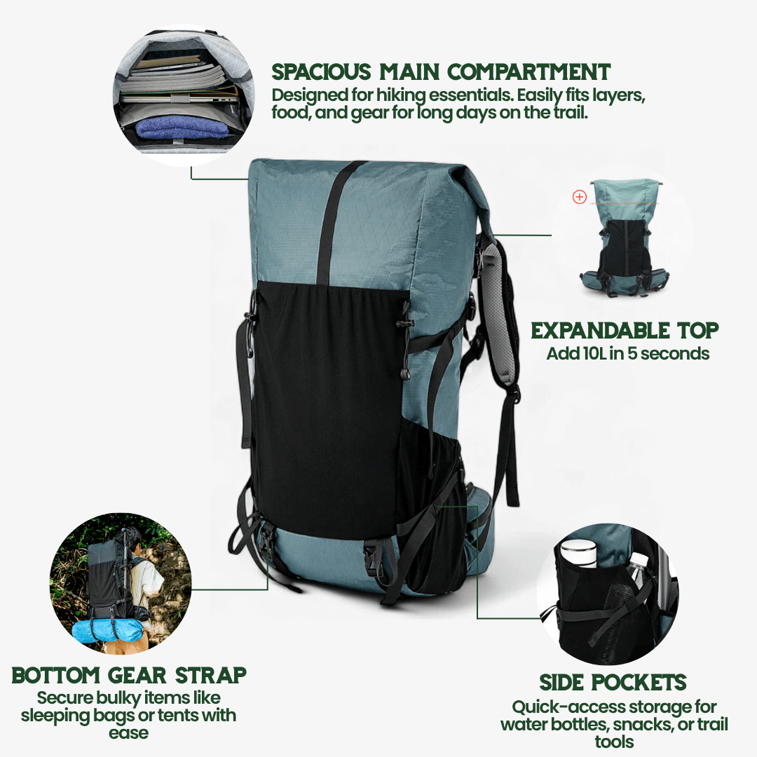 AeroTrail 50L ultrakönnyű, bővíthető kalandtáska rolltop záródással