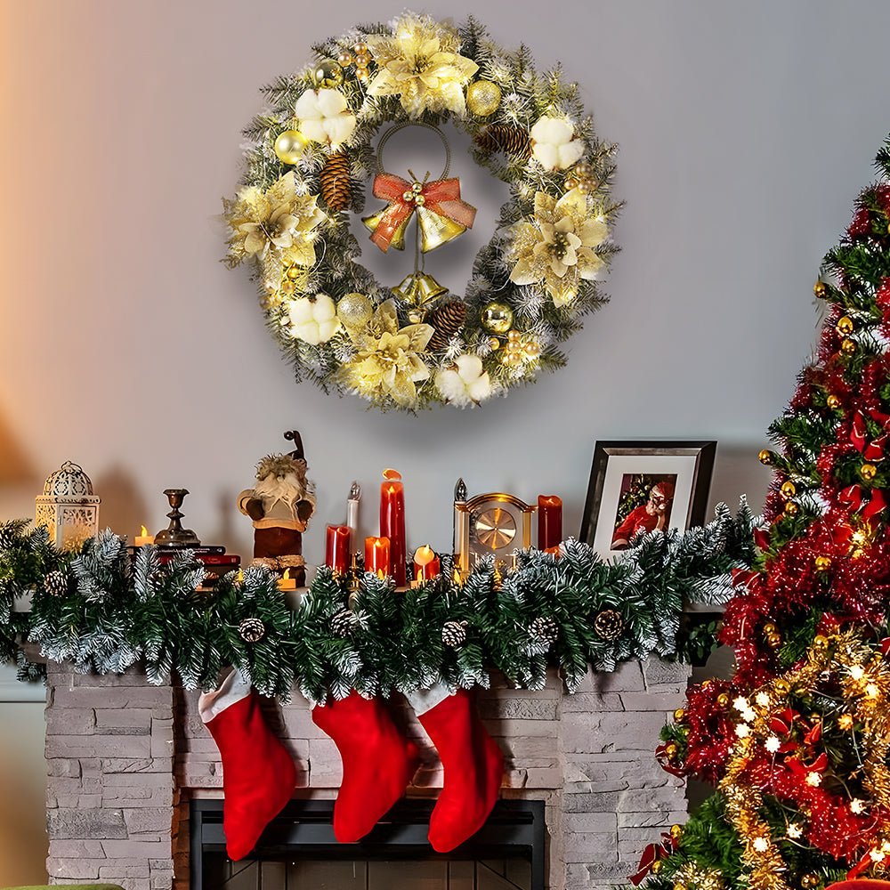LumaGlow LED karácsonyi koszorú csengőkkel és arany fényű ragyogással ajtódísz rajongóknak