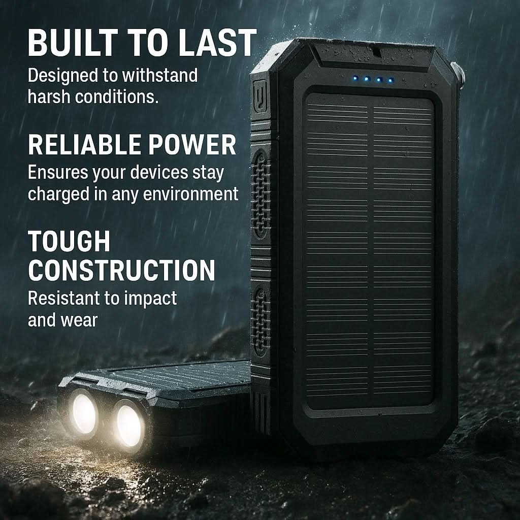 AquaShield vízálló napelemes power bank 10000mAh, dupla USB, kültéri kalandokhoz