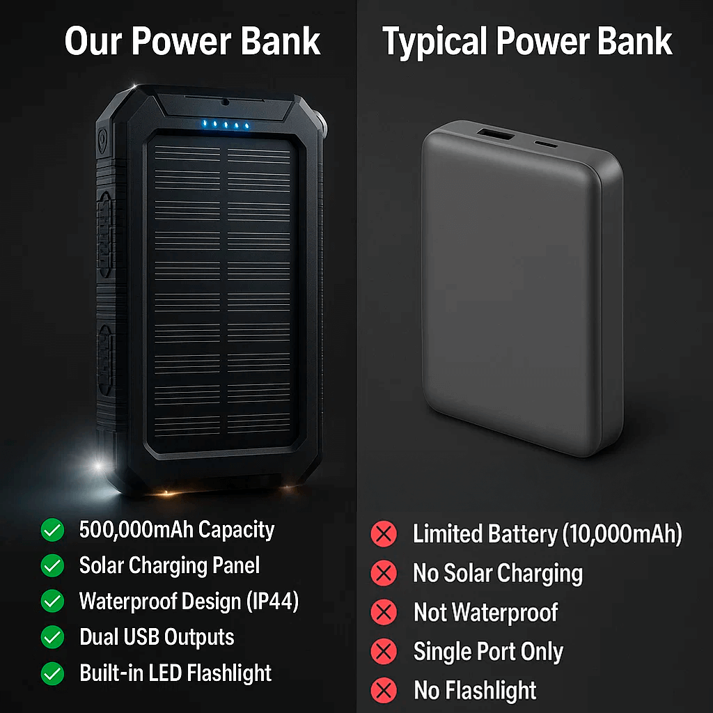 AquaShield vízálló napelemes power bank 10000mAh, dupla USB, kültéri kalandokhoz