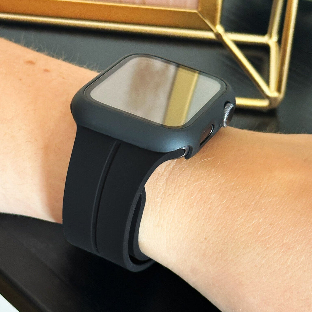 Apple Watch védőtok üvegborítással, fekete színben